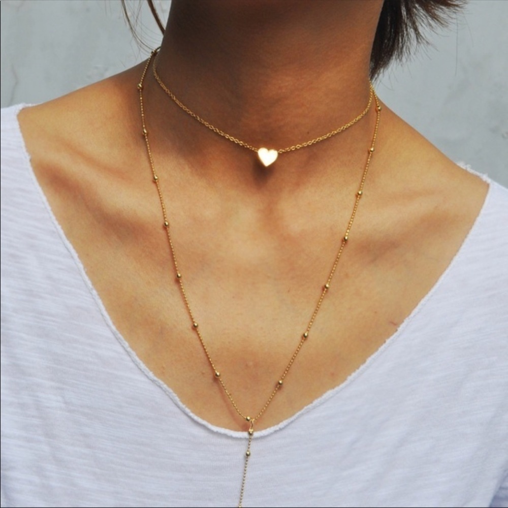 Boho 2 layer heart charm and tear drop choker